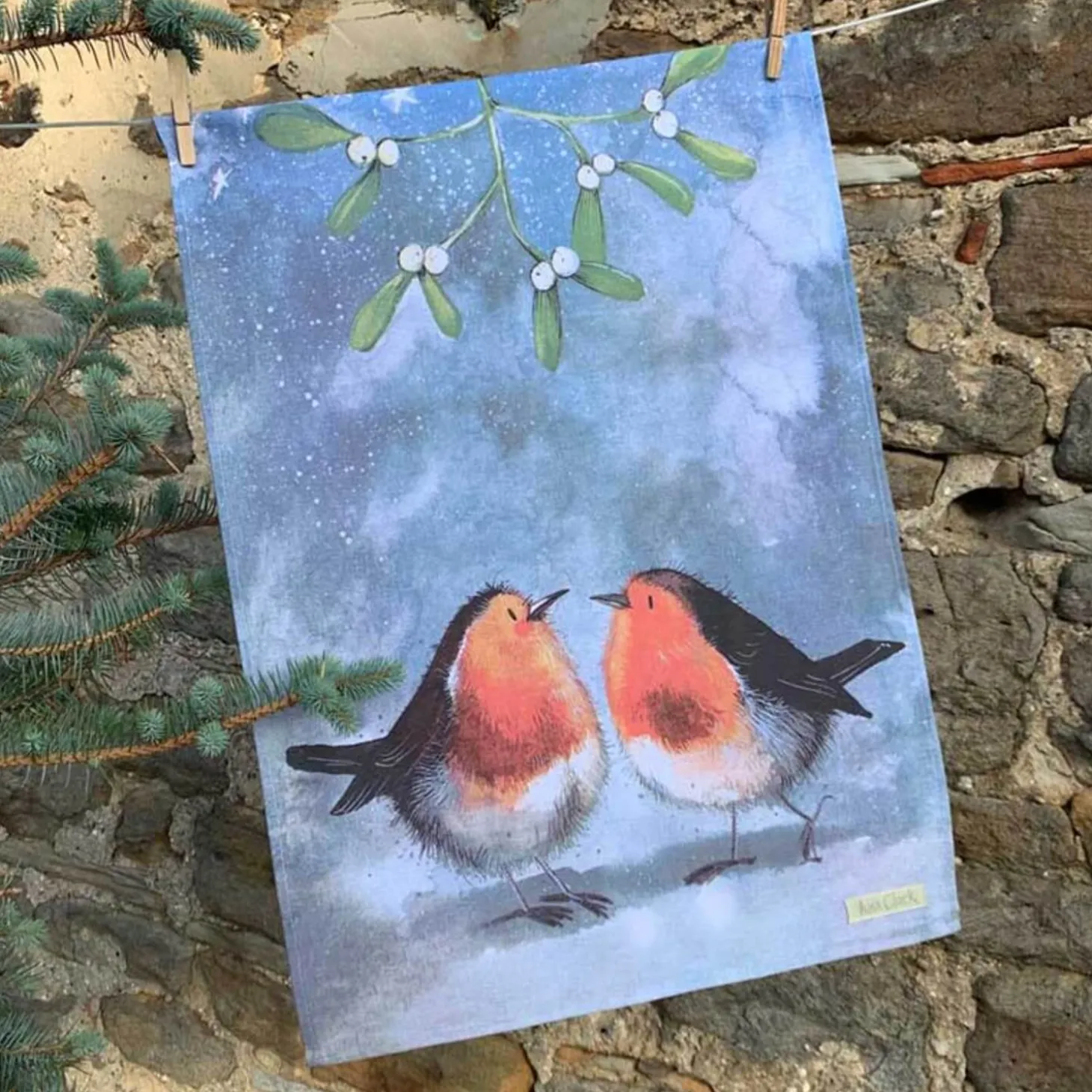 Alex Clark Christmas 100% Cotton Tea Towel - Robins & Mistletoe
