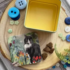 Alex Clark Small Square Tin - Cat And Tulips