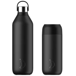 Chilly's Series 2 1 Litre Reusable Water Bottle & 50cl Coffee Cup Set - Abyss Black