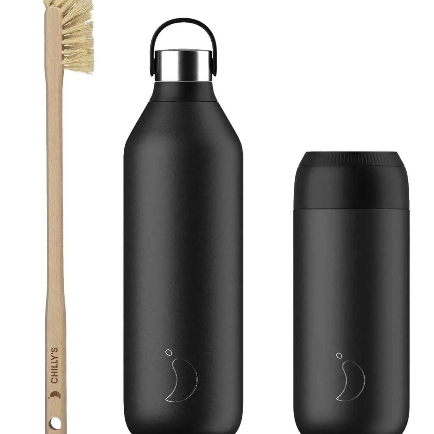 Chilly's Series 2 Reusable Water Bottle, Coffee Cup & Cleaning Brush Set - Abyss Black
