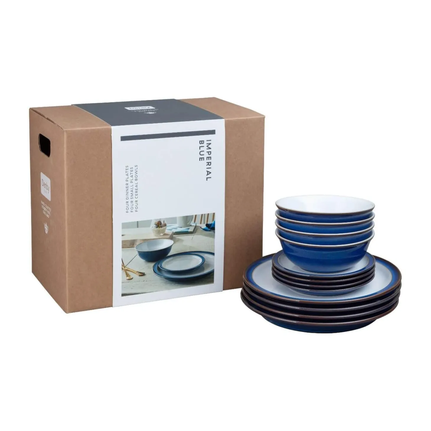 Denby 12 Piece Dinnerware Set - Imperial Blue & White
