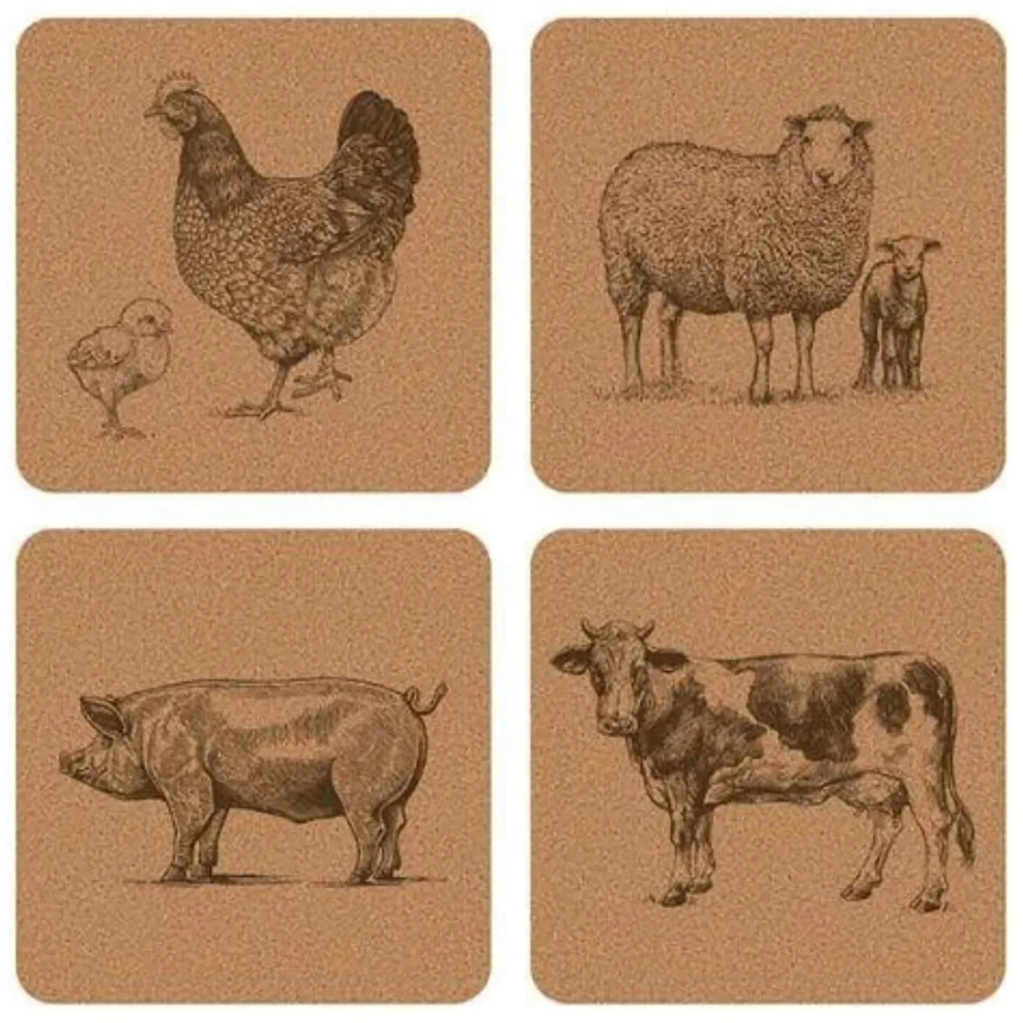 iStyle Rural Roots 4 Piece Square Placemat Set - Farm Animals
