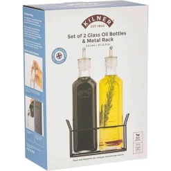 Kilner Set of 2 600ml Glass Oil Bottles & Metal Rack
