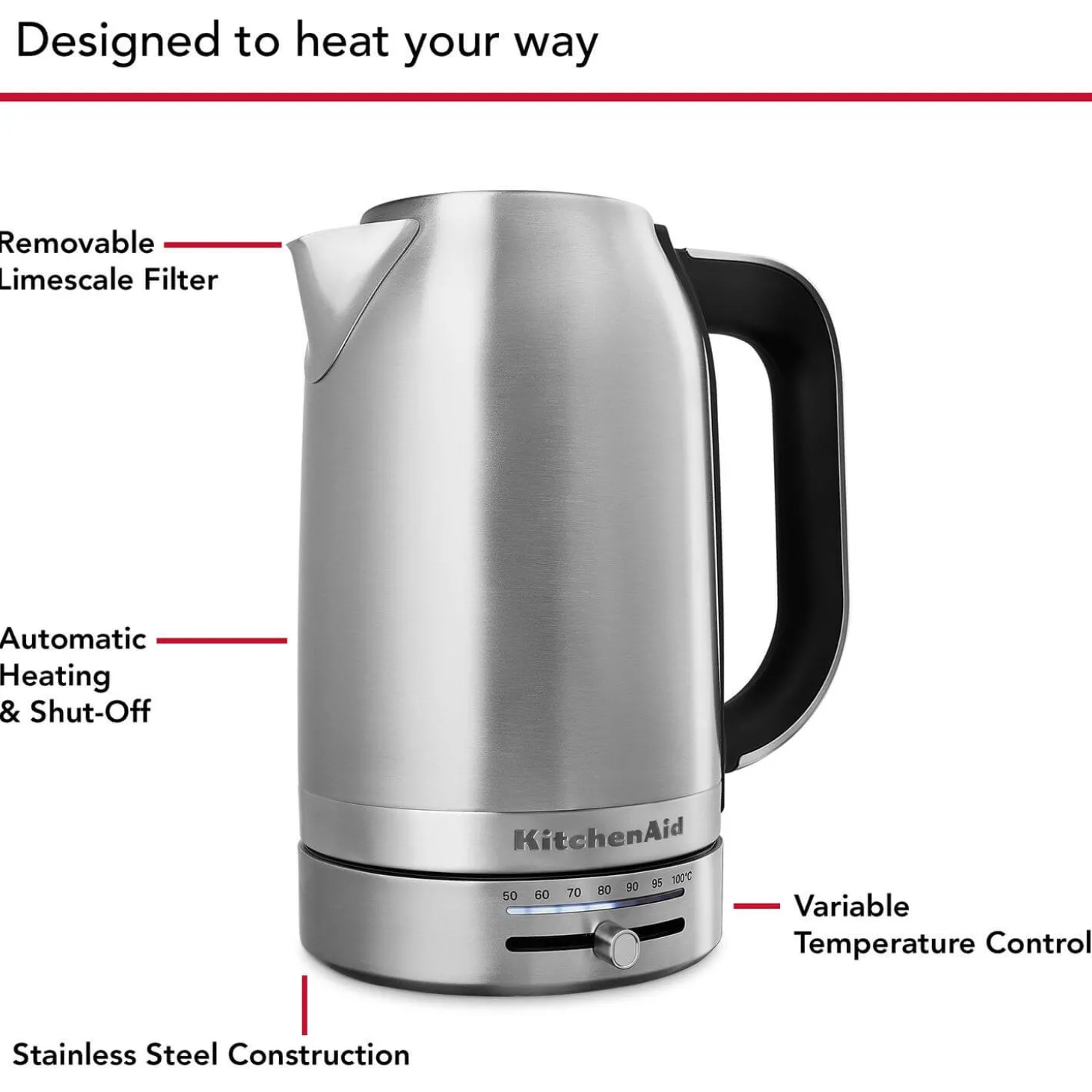 KitchenAid Variable Temperature KEK1701BSX 1.7 Litre Kettle - Brushed Stainless Steel
