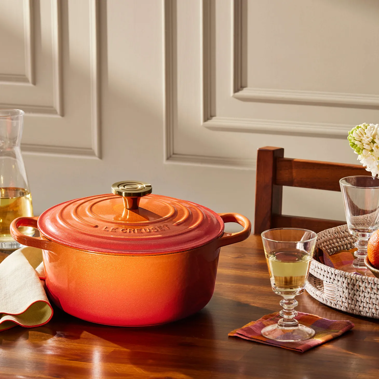 Le Creuset Limited Edition Signature 24cm Cast Iron Round Casserole - Flamme Doree
