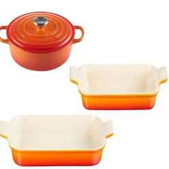 Le Creuset Signature Cast Iron 3 Piece Casserole & Heritage Stoneware Oven Dish Set - Volcanic