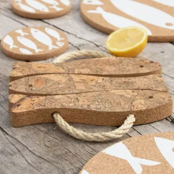 Liga Round Cork Coaster - Fish - White