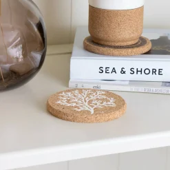 Liga Round Cork Coaster - Coral - White