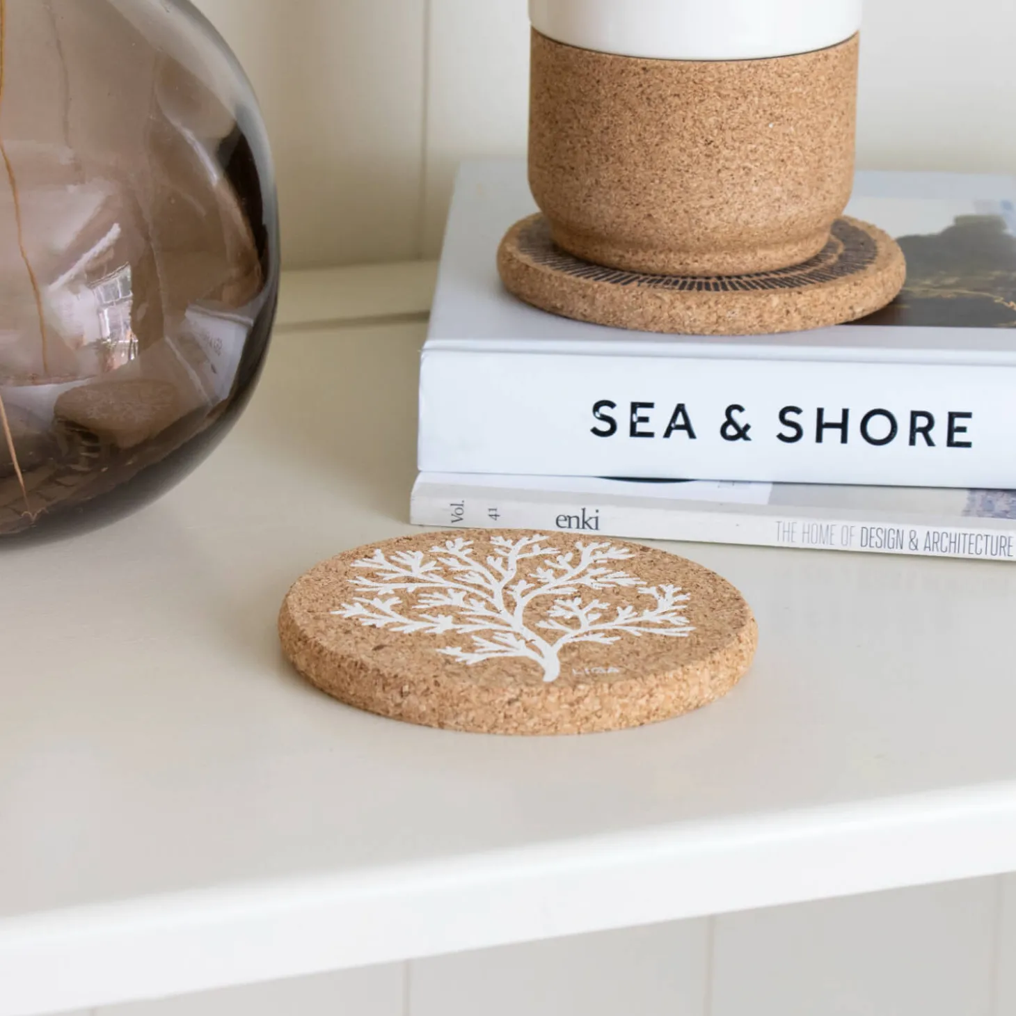 Liga Round Cork Coaster - Coral - White