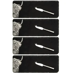 Selbrae House 4-Piece Mini Slate Cheese Board & Knife Set - Highland Cow