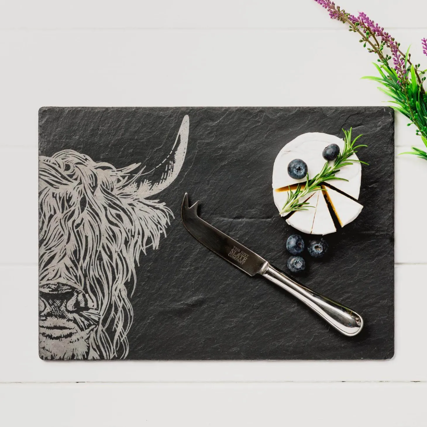Selbrae House Slate Cheese Board & Knife Set - Highland Cow
