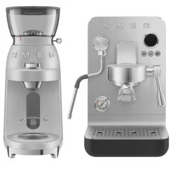 Smeg EMC02BLMUK Mini Pro Espresso Matte Black Coffee Machine & CGF02SSUK Mini Pro Stainless Steel Coffee Grinder