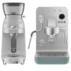 Smeg EMC02EGMUK Mini Pro Espresso Matte Emerald Green Coffee Machine & CGF02SSUK Mini Pro Stainless Steel Coffee Grinder