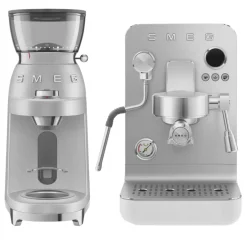 Smeg EMC02WHMUK Mini Pro Espresso Matte White Coffee Machine & CGF02SSUK Mini Pro Stainless Steel Coffee Grinder