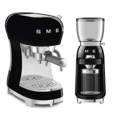 Smeg 50's Style Retro ECF02BLUK Espresso Coffee Machine & CGF11BLUK Coffee Grinder - Black