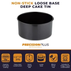 Tower Precision Plus Carbon Steel 20cm Round Non-Stick Loose Base Deep Cake Tin - Black