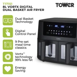 Tower T17151 Vortx 8L Vizion Dual Basket Digital Air Fryer - Black