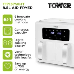 Tower T17137WHT Vortx 8.5L Dual Basket Digital Air Fryer - White