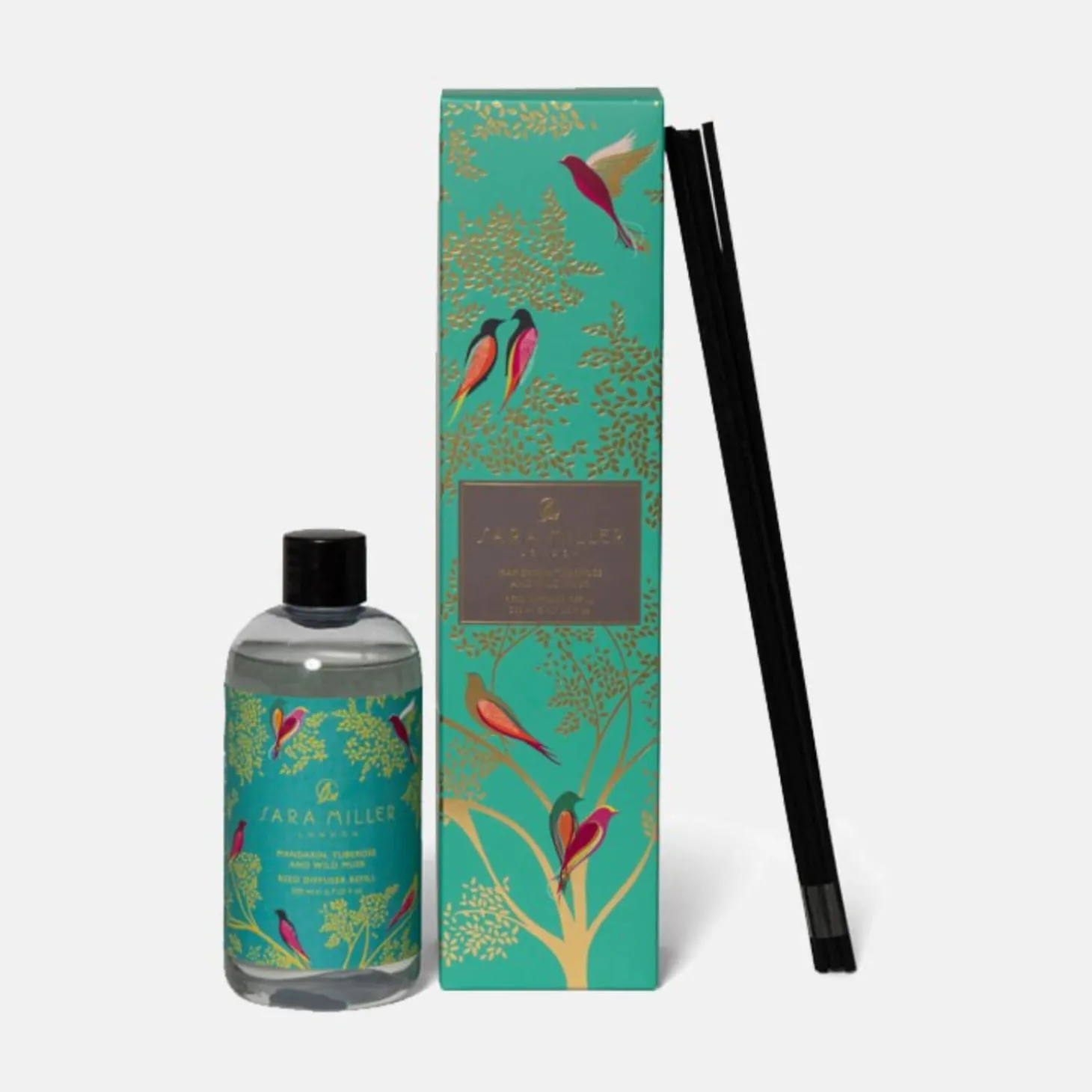 Wax Lyrical Sara Miller Mandarin, Tuberose & Wild Musk 200ml Reed Diffuser Refill - Green Birds