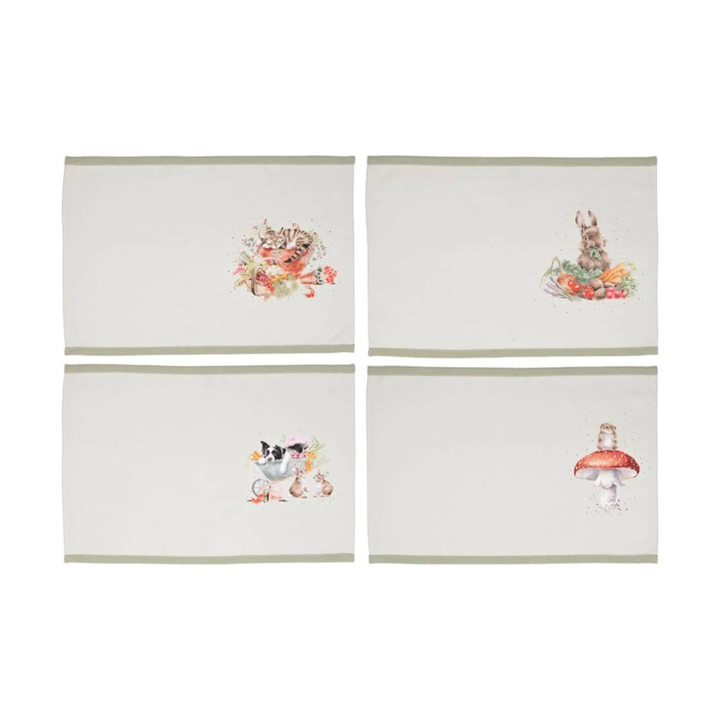 Wrendale Designs by Hannah Dale 100% Cotton Fabric Set of 4 Placemats - Garden Friends